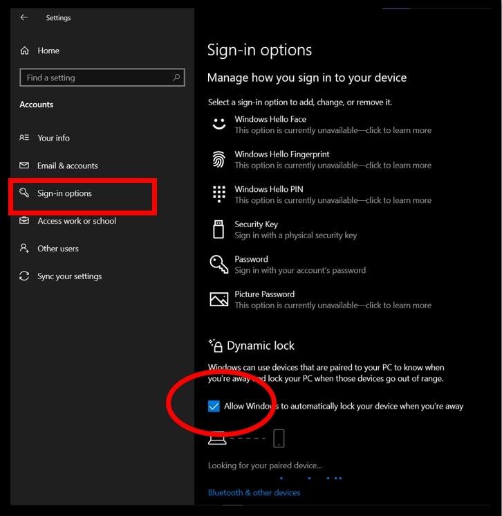 les options de connexion dans les paramètres de Windows 10 en mettant en évidence les options