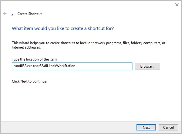 The create shortcut box on Windows 10