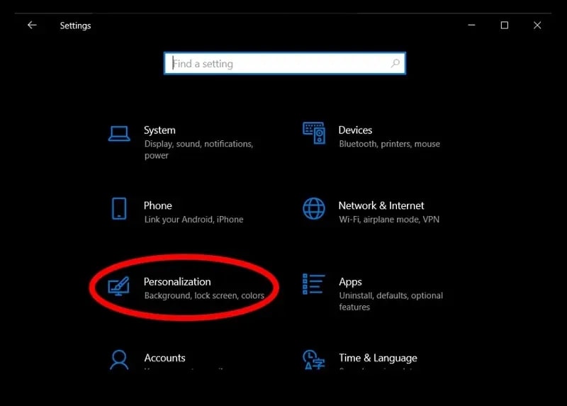 Settings highlighting the Personalization option on Windows 10
