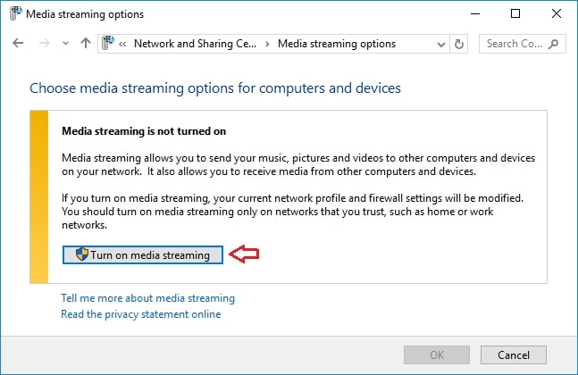 The Media Streaming Options interface under Control Panel options 