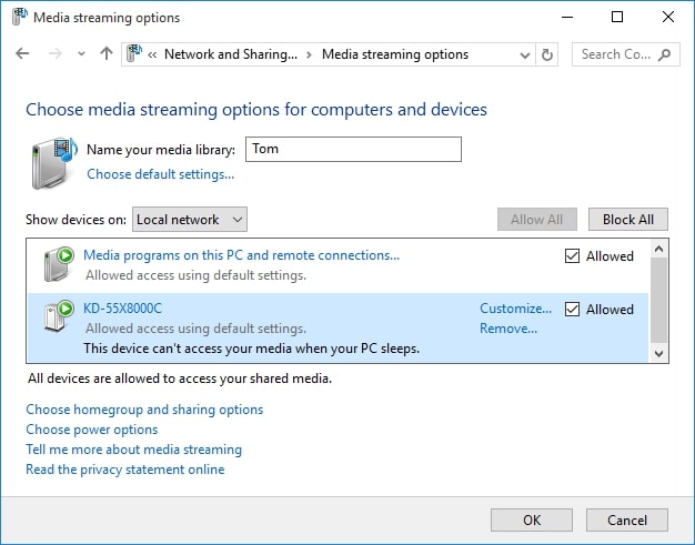 Choose Media streaming options on Windows 10 Control Panel