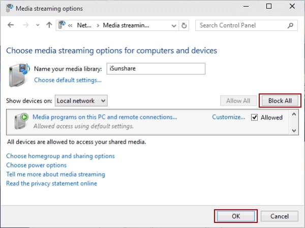 Block All toggle to turn off Media Streaming on Windows 10