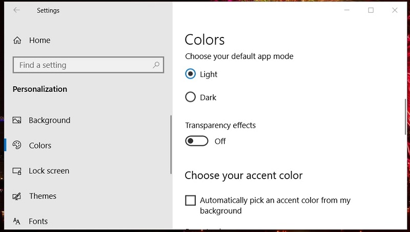 The Transparency effects option in Windows 10