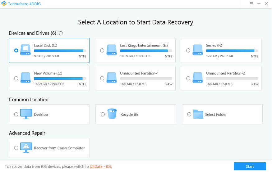 Select a location to start recovery using 4DDiG
