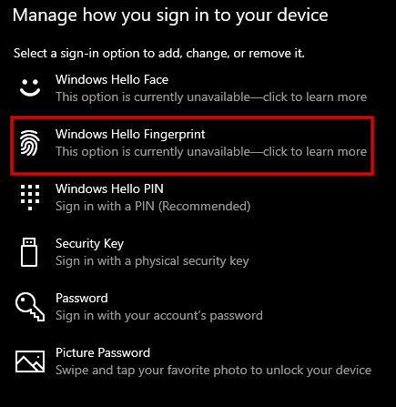 choose Windows Hello Fingerprint