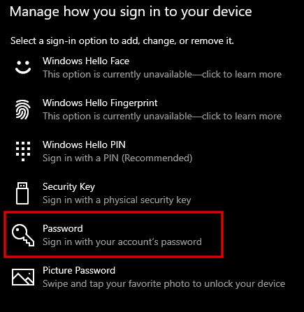 click Password in Sign-in options