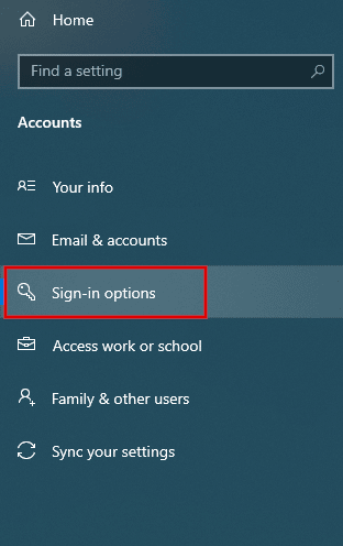 click Sign-in options in Windows setting