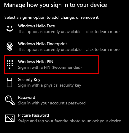 click Windows Hello PIN