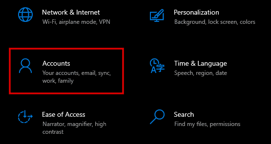 select Accounts in Windows setting