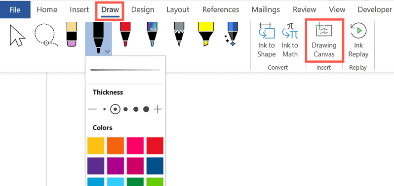 select Drawing Canvas to create signature in Word