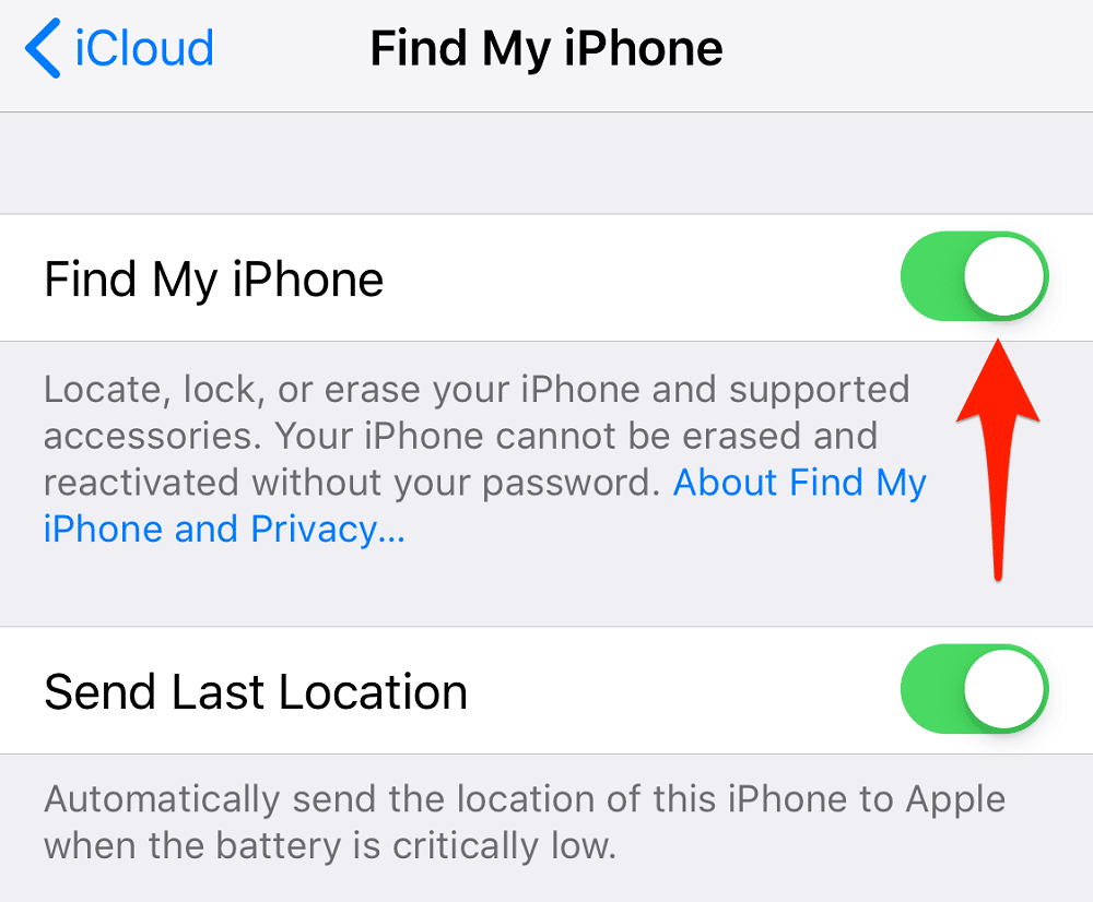 Slide left to disable Find My iPhone