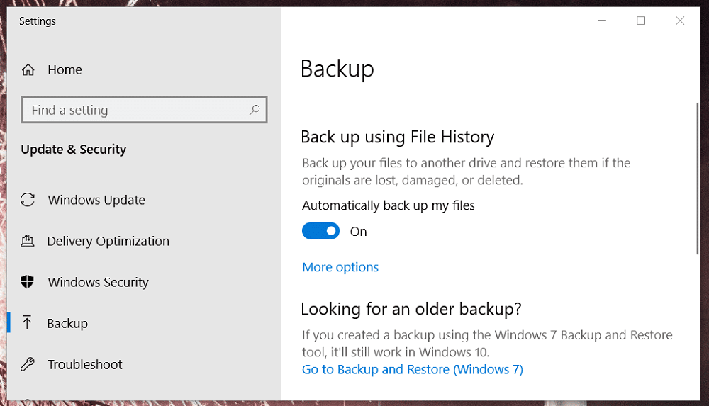 The Backup tab in setting