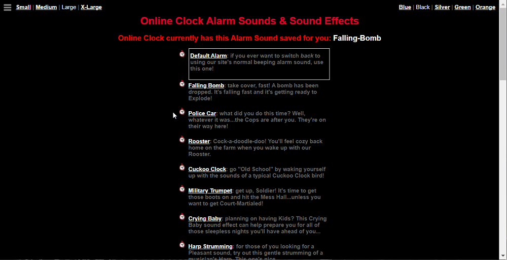 OnlineClock.net’s alarm sound list