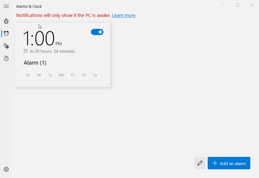 Scheduled alarm in Windows 10