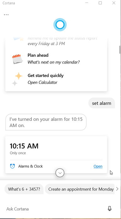 set alarm Cortana command