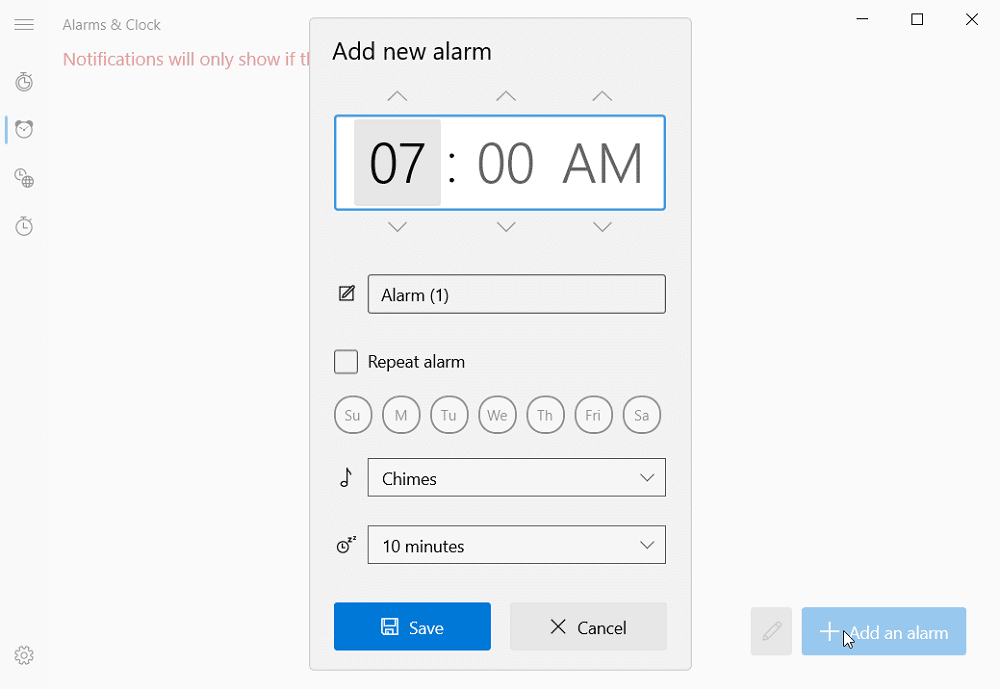 The Add new alarm option
