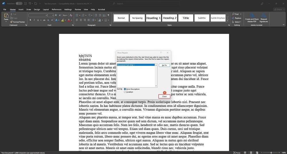Show Repairs on Word document